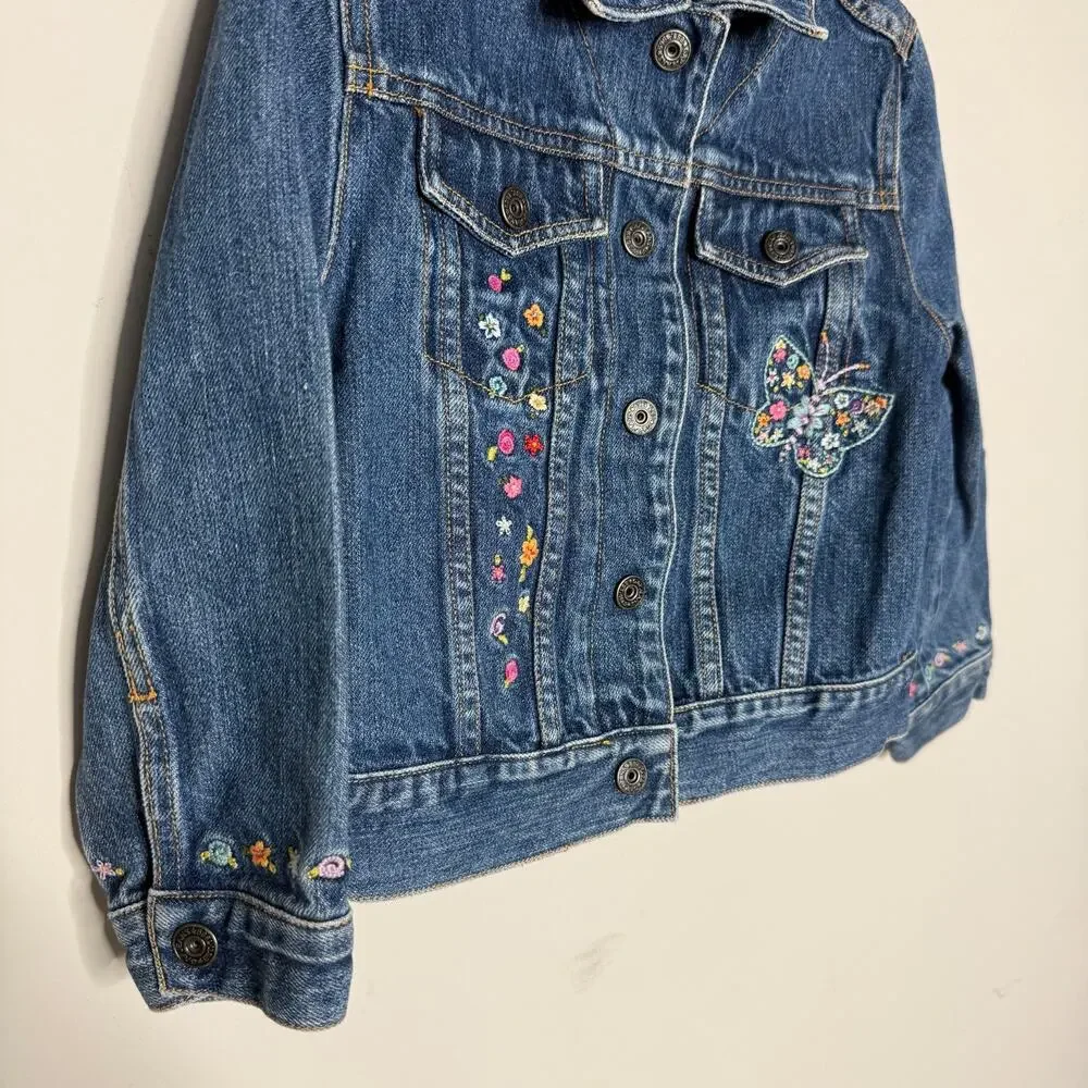 Gap Girls Embroidered Jean Jacket XS Denim Blue Collared Floral Butterfly Y2K